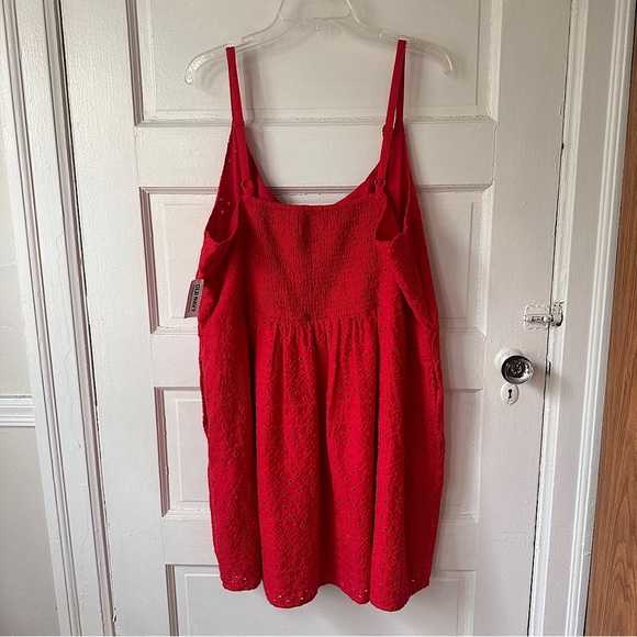 Old Navy Babydoll Mini Dress Embroidered Red Lace Eyelet Smocked Pockets Stretch - Picture 3 of 16